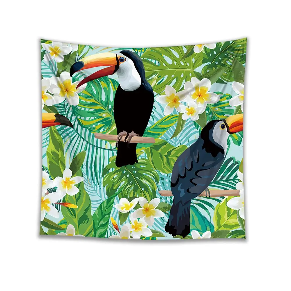 Toucan Tapestry Tropical Palm Leaves Flowers Wall Hanging Jungle Birds Plants Tapestries Bedroom Living Room Wall Blanket Cloth