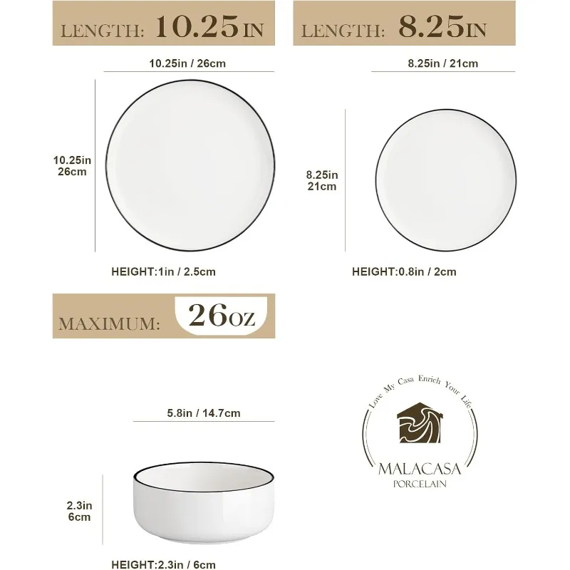 Plates and Bowls Sets, 12 Pieces Modern Porcelain Dinnerware Set for 4 White Kitchen Dinner Dining Ware Set