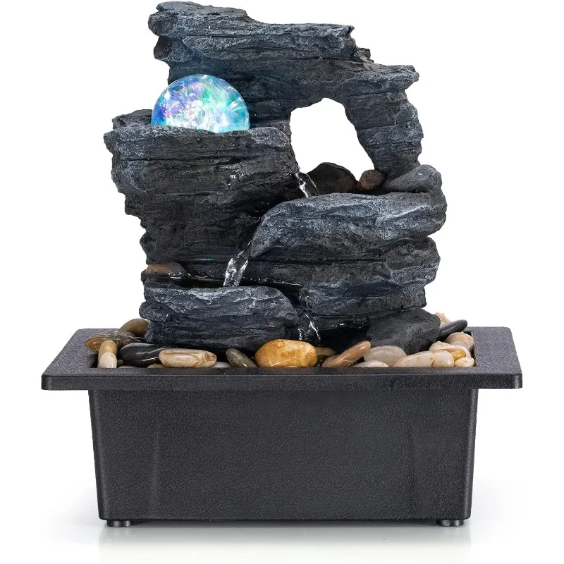 Tabletop Fountain Rotating Ball Rock Waterfall Fountain Office Includes Many Natural River Rocks Decorated with Colorful Lights