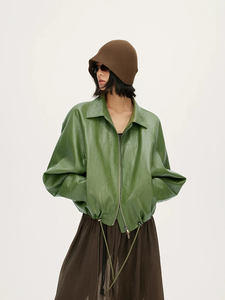 Lautaro Frühling Herbst Grüne Kurze PU-Lederjacke für Damen mit Reißverschluss Luxus Designer-Kleidung Locker Lässig Koreanische Mode 2026 – Detail 2