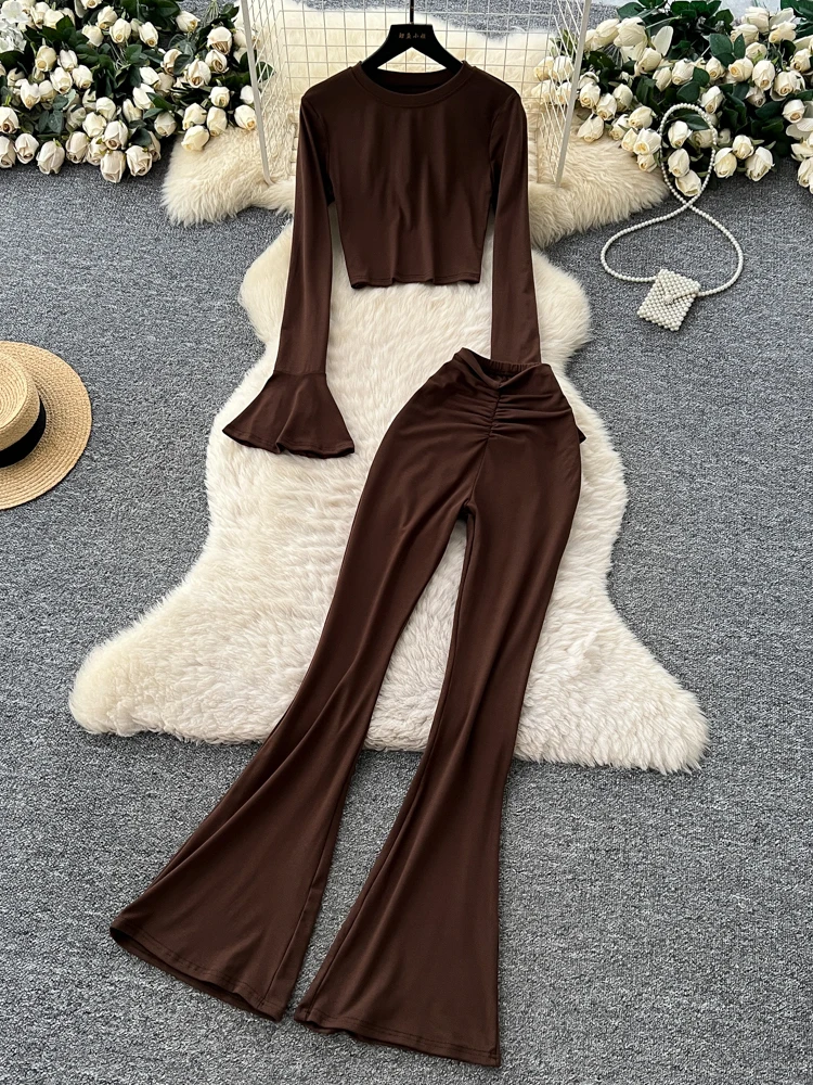 مثير ort Sve جرس Sve تي شيرت عالية الخصر ضيق صالح جولة Ne أعلى مع السراويل متوهج Faionable ملابس العمل غير رسمية #4