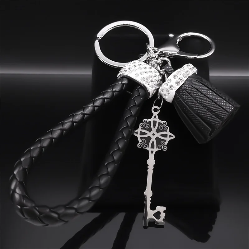 Wicca Triskele Celtic Knot Key Stainless Steel Pendant Keychain for Women Men Alloy Pu Leather Key Ring Witch Jewelry K8142S01