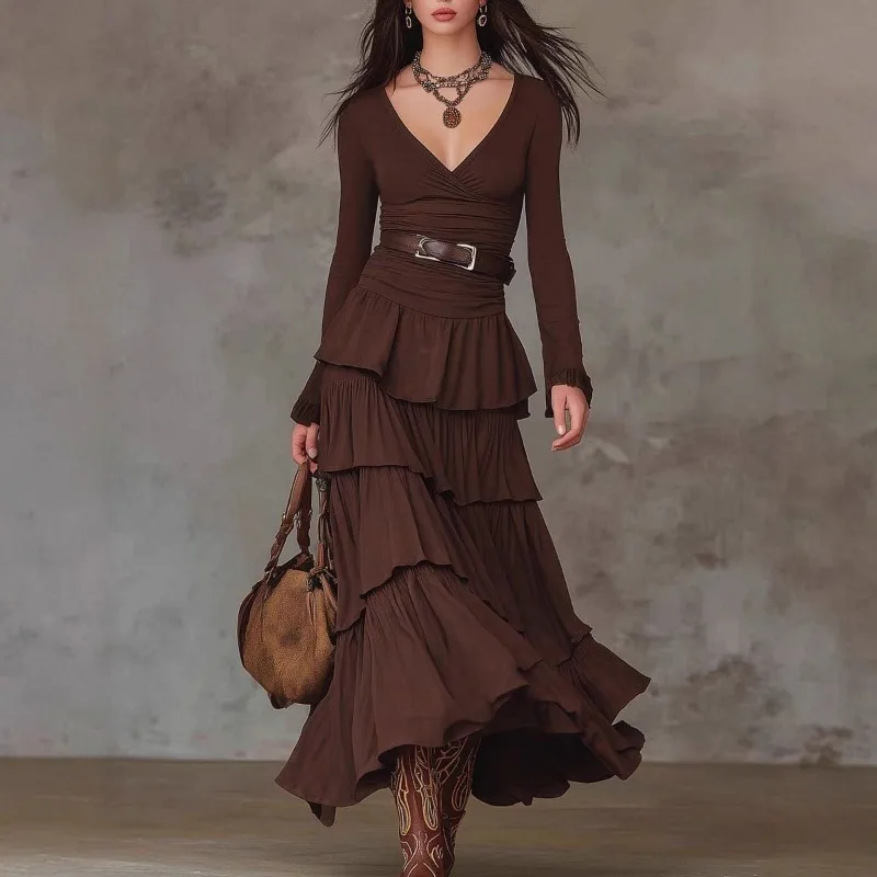 

French Retro Dress Maillard Brown Slim V-neck Cake Long Dress Temperament Dress with Belt
