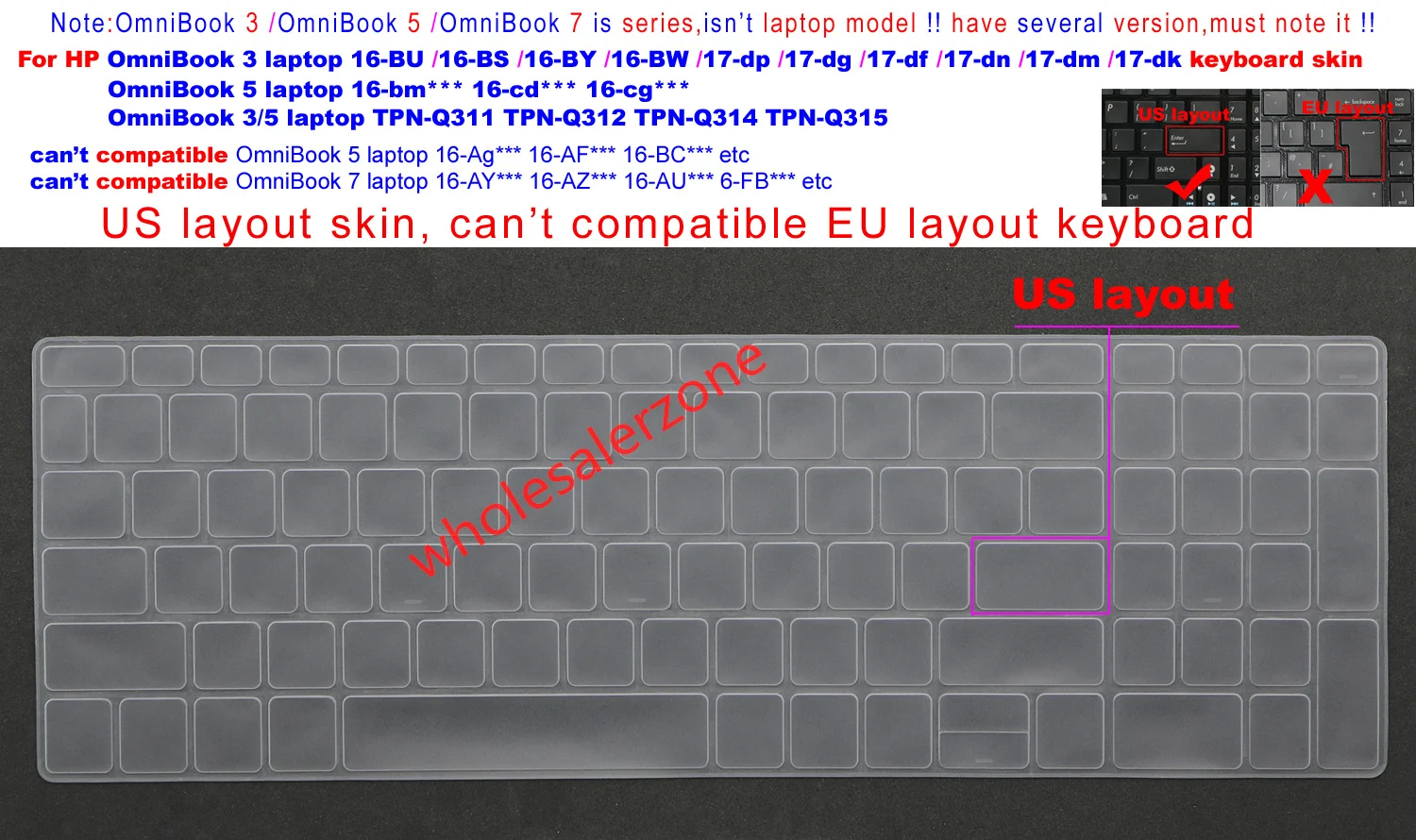 US Keyboard Skin Cover for HP OmniBook 16-BU** 16-BS** 16-BY 16-BW 17-dp** 17-dg 17-df -dn -dm 17-dk 16-bm 16-cd 16-cg TPN-Q311