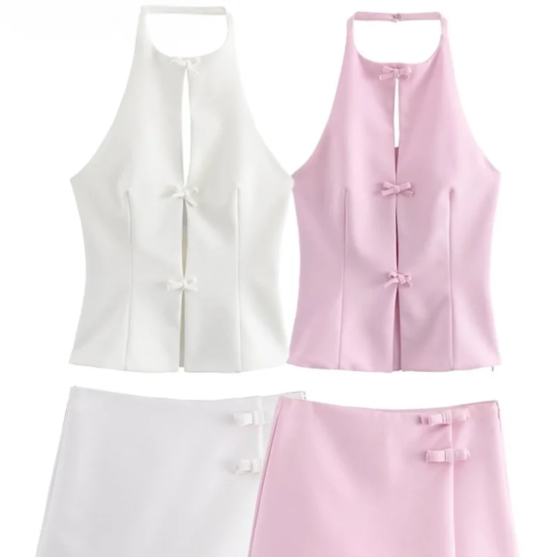 

Pink Bow Women Halter Crop Top Suits Traf Summer Sleeveless Backless A Line Slim Tanks Asymmetric Shorts Y2K Sets