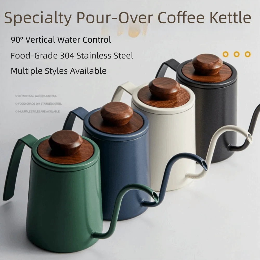 304 Stainless Steel Goose Neck Coffee Pot Drip Spout Wood Lid Pour Over Coffee Kettle Comfortable Grip Anti-scald