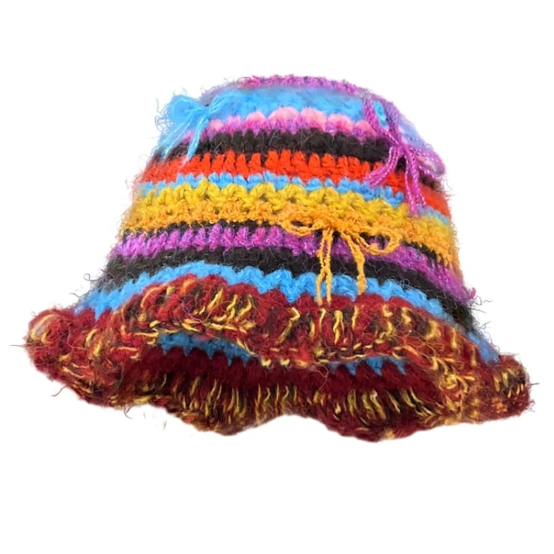 Knit Bucket Hat for Women Winter Autumn 3D Bowknot Fashion Outdoor Handcrochet Rainbow Striped Fishing