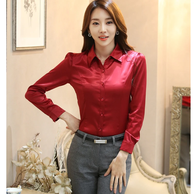 Office Work Lady Satin Shirts Femme Office Long Sleeve Satin Blouses Woman Tops