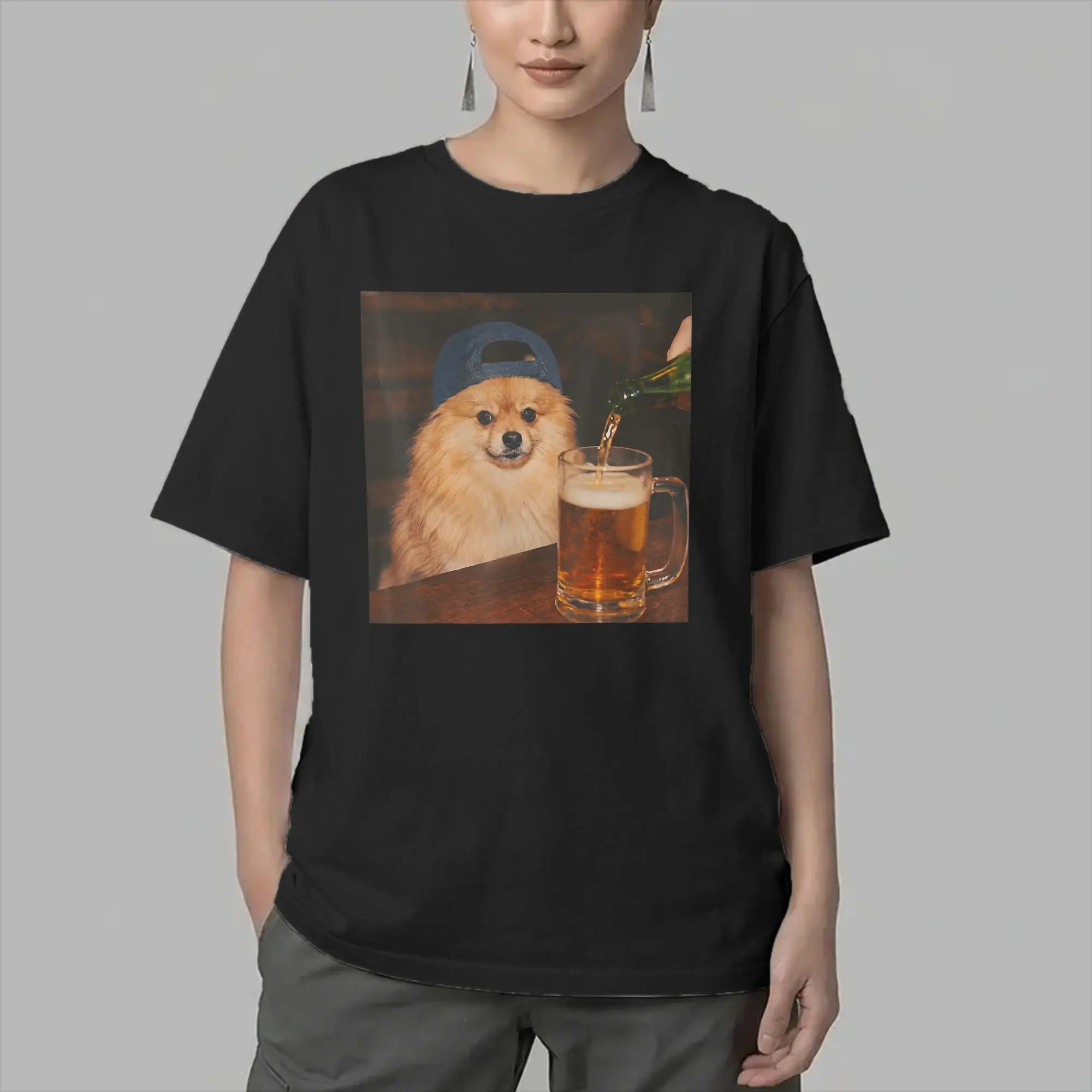 Pomeranian Drinking Beer Shirt Funny Fathers Day Dog Meme Men's T Shirts Tee Shirt Short Sleeve T-Shirt Cotton Summer Clothing