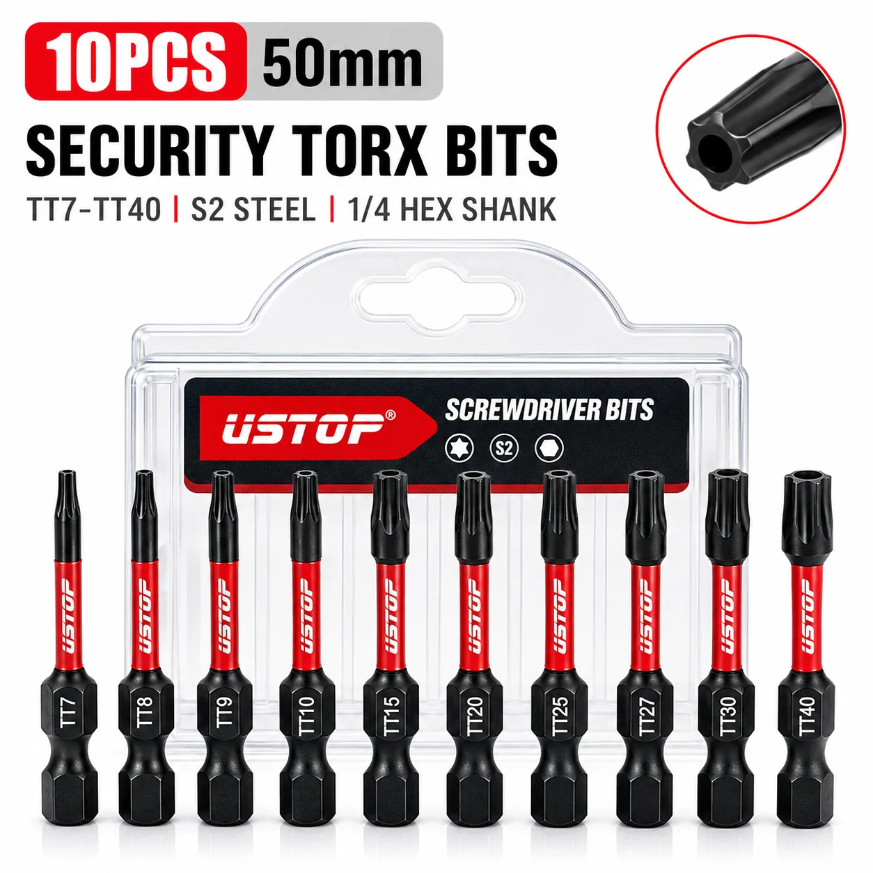 Conjunto de 10 Peças de Pontas Torx de Segurança 50mm em Aço S2 Magnéticas Antiviolação TT7-TT40 com Haste Hexagonal de 1/4 de Polegada e Estojo de Armazenamento para Reparo de Automóveis e Eletrodomésticos