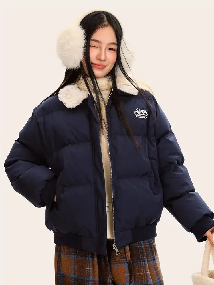Winter Women Warm Parkas Fashion Fur Patchwork Puffy Coats Y2K Korean Loose Preppy All Match Lapel Down Outwear Mujer