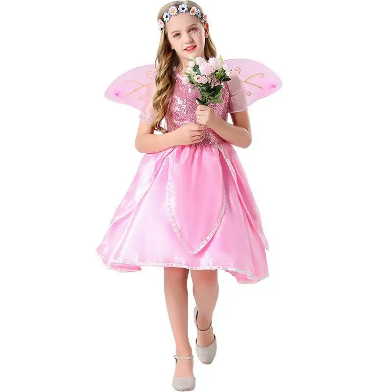 

Children's Tale Pink Flower Fairy Princess Dress Girls with Wings Halloween Cosplay Masquerade Party Stage Performance Costume