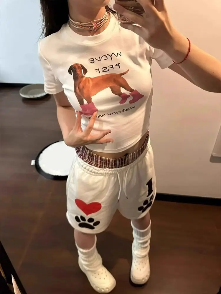 HOUZHOU Kawaii Japanese Style Shorts Women Print White Sports Short Pants Preppy Style Sweet Patchwork Casual Wide Leg Shorts