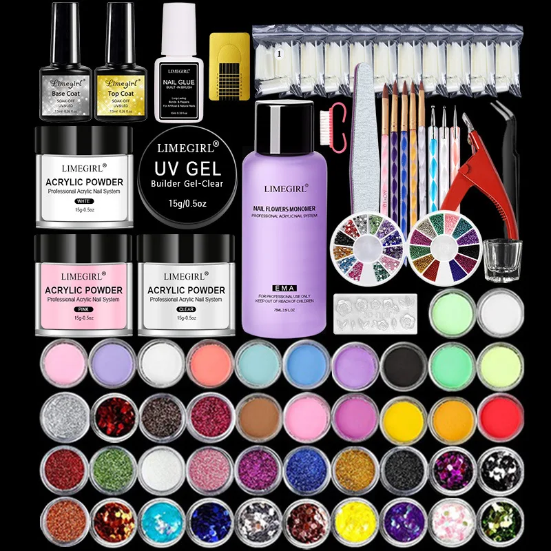 

Limegirl Acrylic Nails Complete Kit Acrylic Powder Acrylic Liquid Monomer Set Nail Tips/Glitter/ Brush Manicure Set For Nails