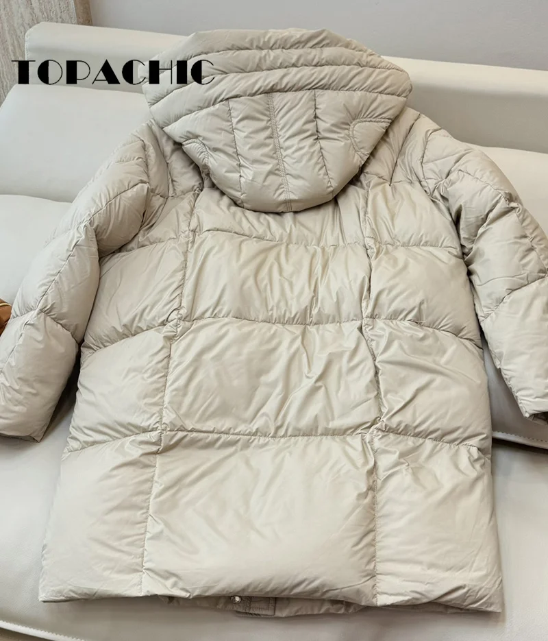 8.28 TOPACHIC Women Autumn Winter New Hat Detachable Mid-Length Down Jacket Zipper Pocket Design Loose Goose Down Outerwear