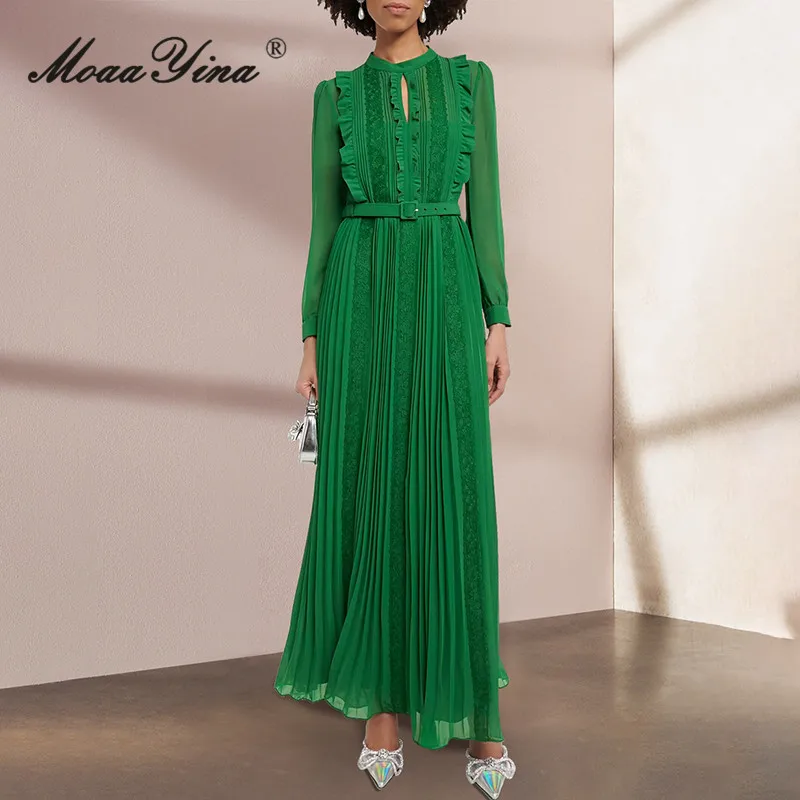 MoaaYina Spring Fashion Runway Green Vintage Pleated Dress Women Stand Collar Lace Ruffles Sashes Gathered Waist Slim Long Dress