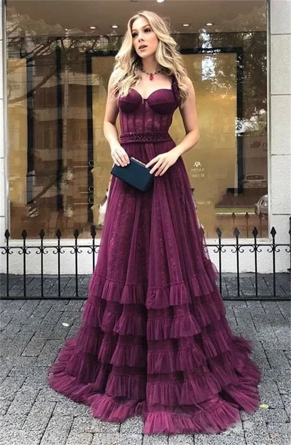 Amanda Dark Purple فساتين مناسبة رسمية Sweetheart Lace Vestidos De Noche Elegant Multilayer Tulle Floor Lenght Prom Dress 2023