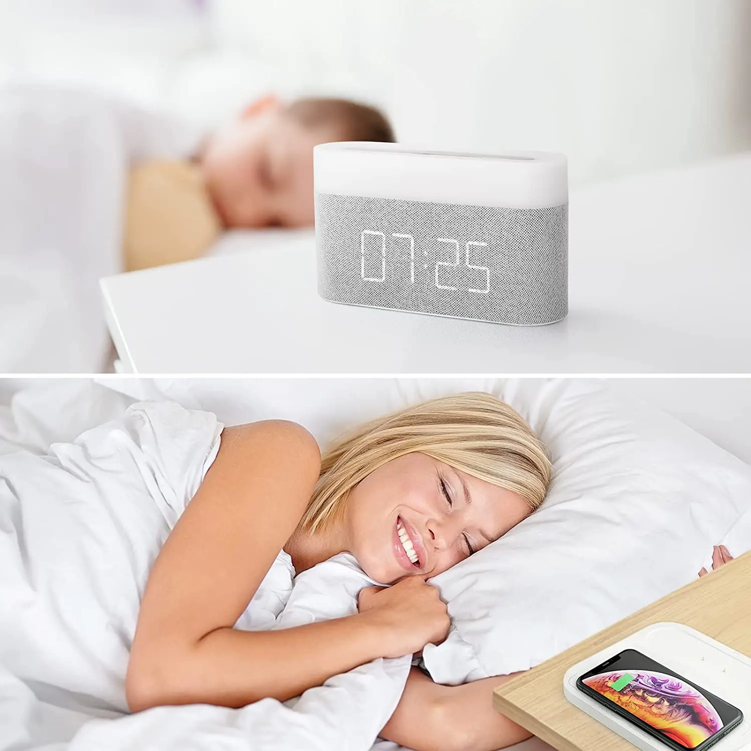 Fast Wireless Charging Digital Alarm Clock Night Light Bedside USB Charger Touch Reading Light Adjustable Brightness for Snooze