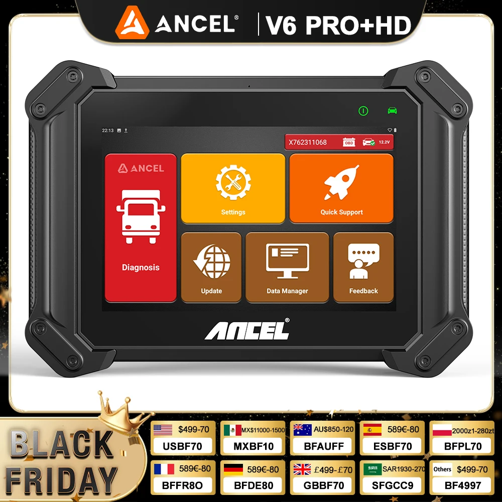 

ANCEL V6 Pro+HD Heavy Duty Trucks OBD2 Scanner ECU Coding Full System Car Diagnostic Tool For Truck Buses Construction Equipment