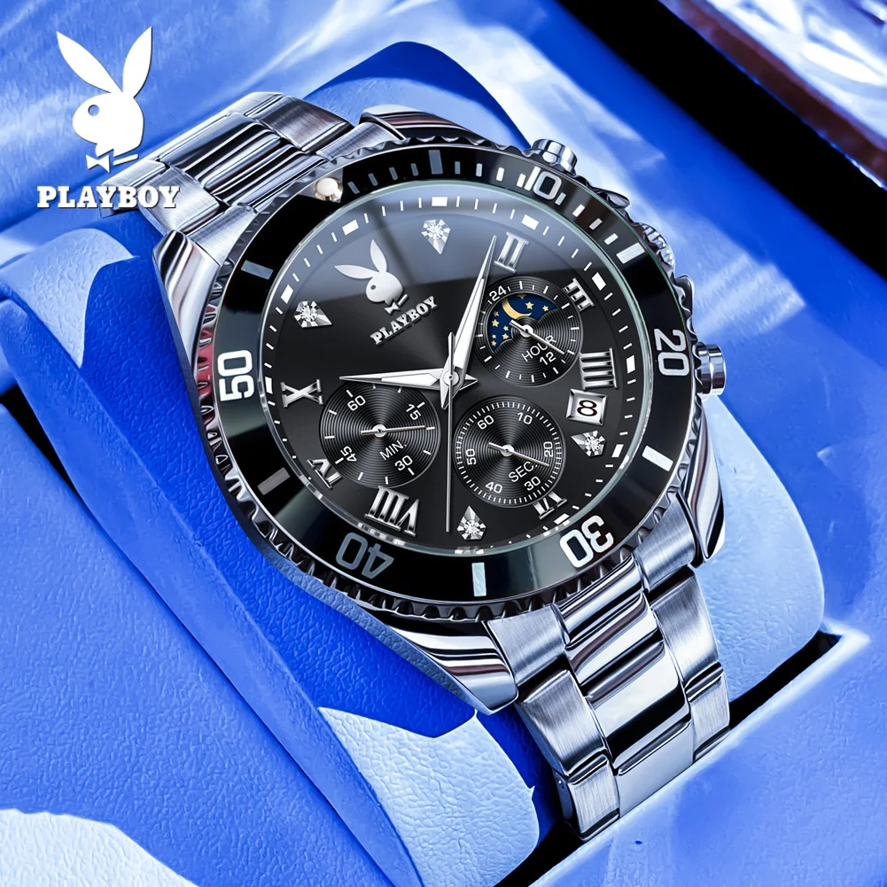 PLAYBOY Original Stainless Steel Multifunction Men Quartz Watch Best Selling High Quality Casual Fashion Trend Men's Wrist Watch