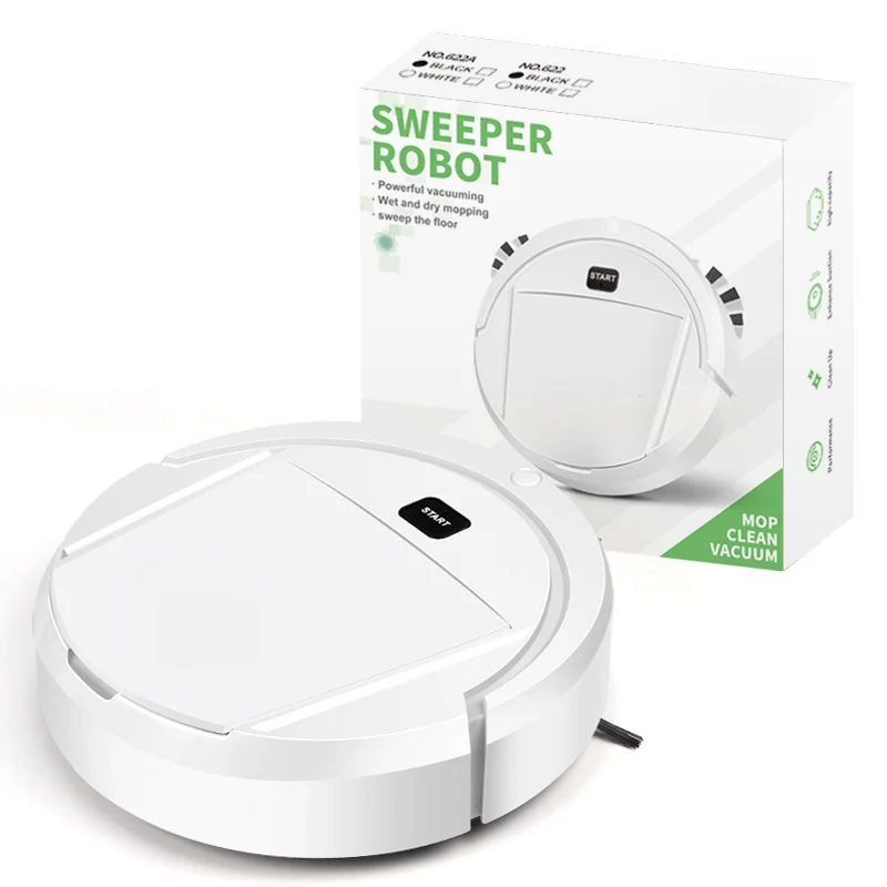 22.5cm Diameter Robot Vacuum Cleaner with Mop Pad Brush USB Cable Sticker Strip 5 Piece Set for Home Floor Cleaning