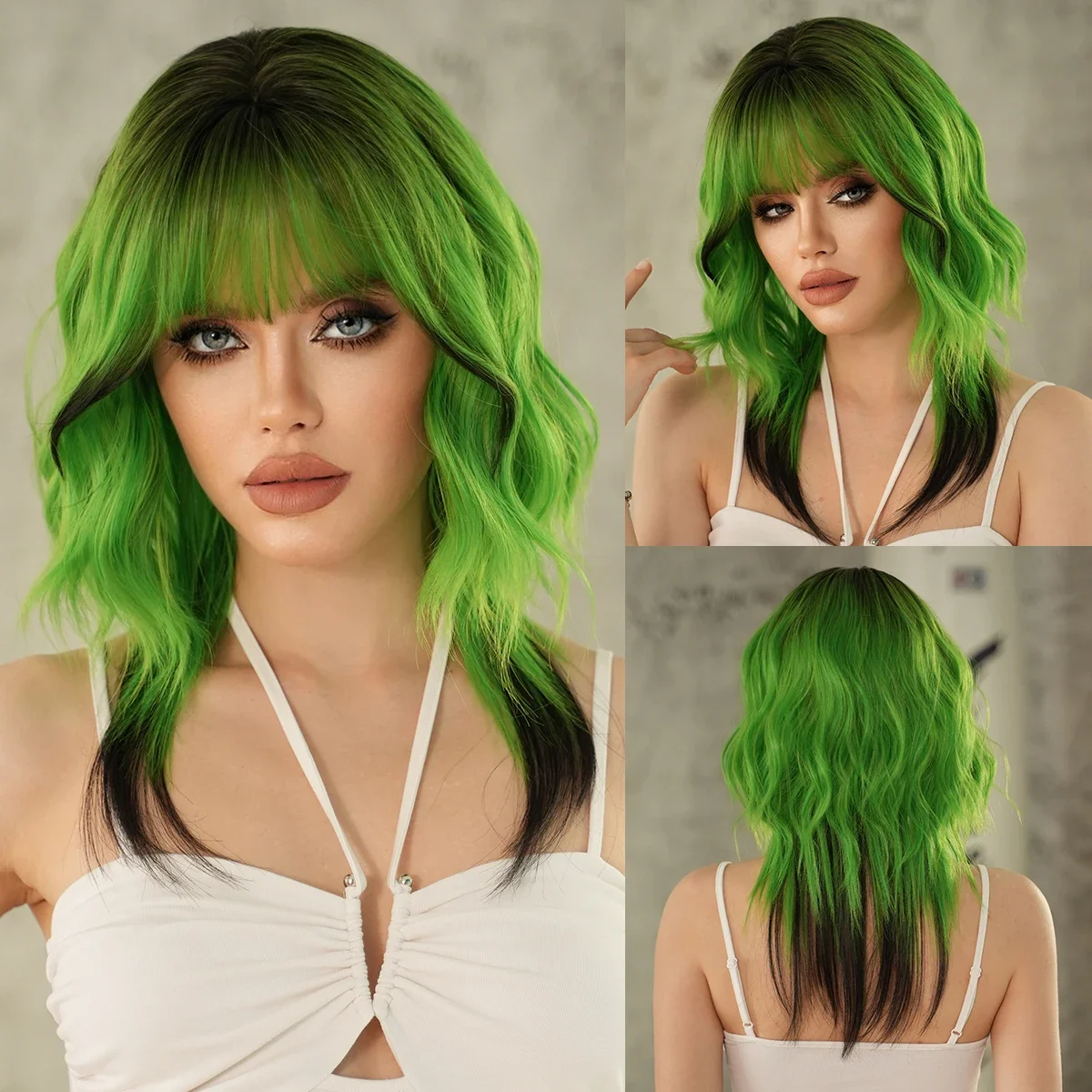 NAMM Synthetic Long Wavy Green Wigs for Women Daily Use Dark Roots Tail dyeing High Density Heat Resistant Hair Wigs With Bangs