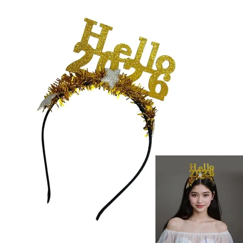 39BD Holiday Glitters Headbands Hello 2026 Star Decors Hairhoop Unisex Headpiece For New Year Event Countdown Event Gathering