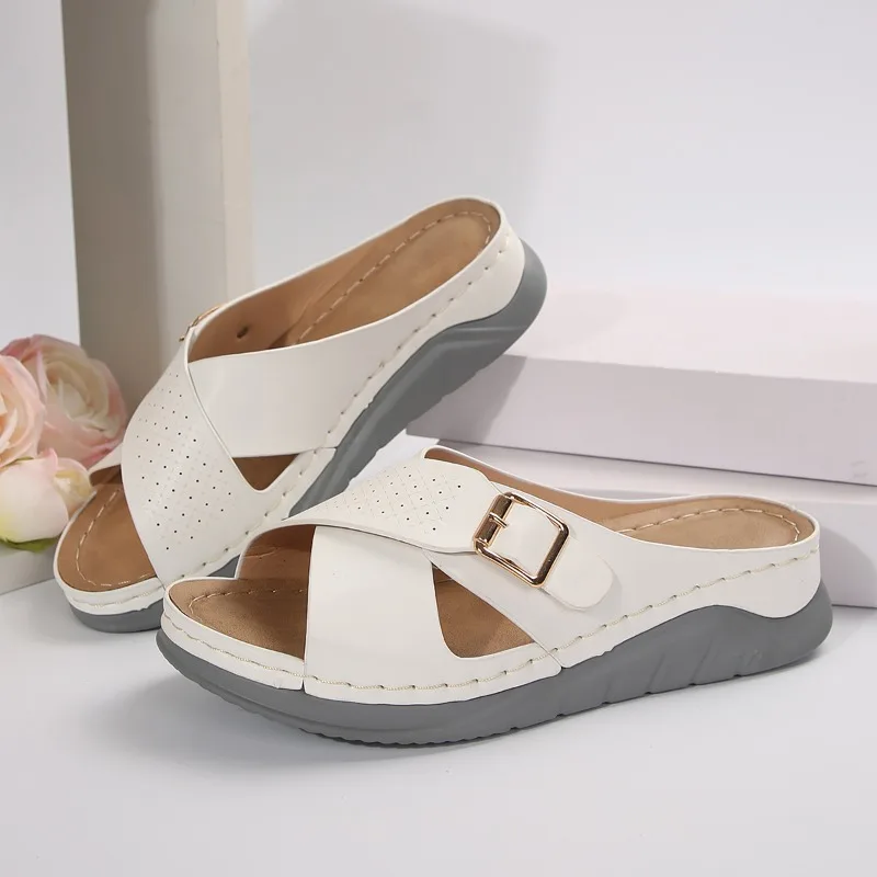 Women's PU Leather Wedge Slippers Summer Fashion Cross Design Casual Sandals for Women Comfortable Non-slip Beach Flip-flops