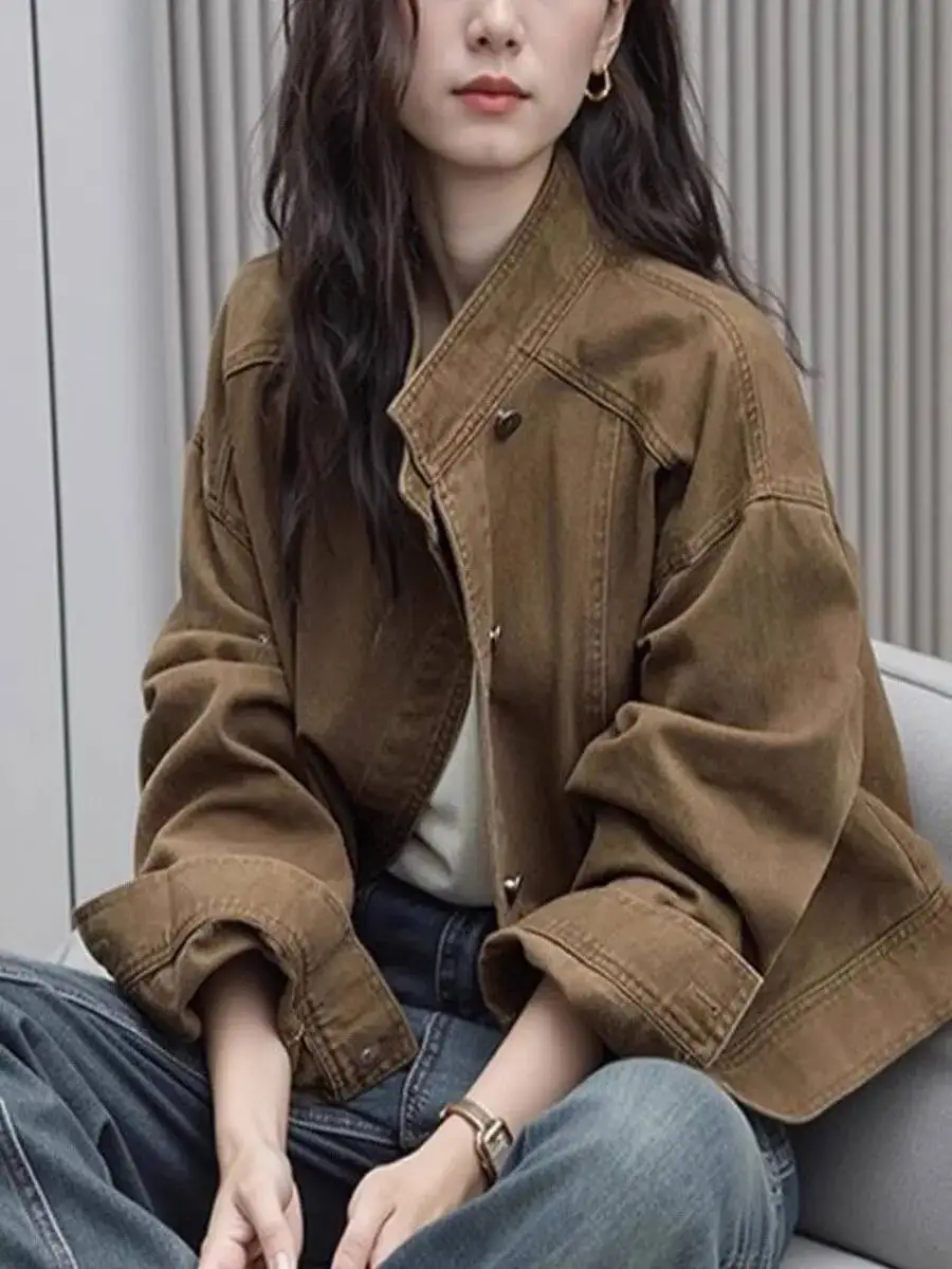 Mulheres jaqueta curta 2025 outono novo retro café denim jaqueta solta gola estilo utilitário casaco curto casual outerwear