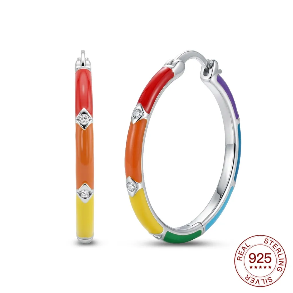 New Original 925 Silver Rainbow Ear Hoop 28mm Earring For Women Daily Wear Hope Stud Earring Fashion Classic Birthday Gift Love