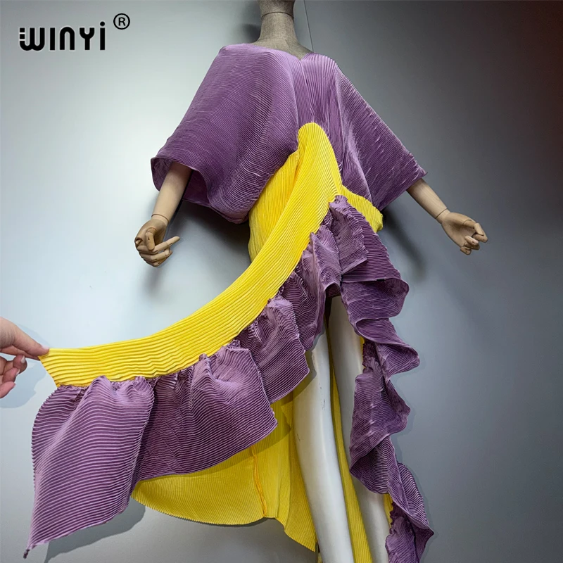 WINYI New Pleated Slim High-Fork Dress for Women Fashion Beach Cover-Up Muslim Kaftan Abaya Dubai Luxury Long Evening Gown