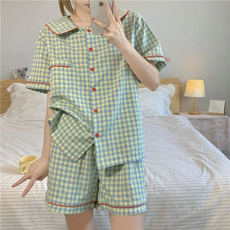 Summer Cute Doll Collar Ins Pajamas Women's Short Sleeved Shorts Checkered Shirt 2025 Home Clothes Set Girl Button Sleepwear