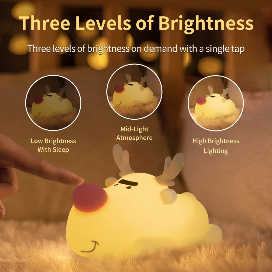 Reindeer LED Night Light Touch Squishy Bedside Night Lamp Rechargeable Cute Animal Children Night Lights Kids Christmas Gift