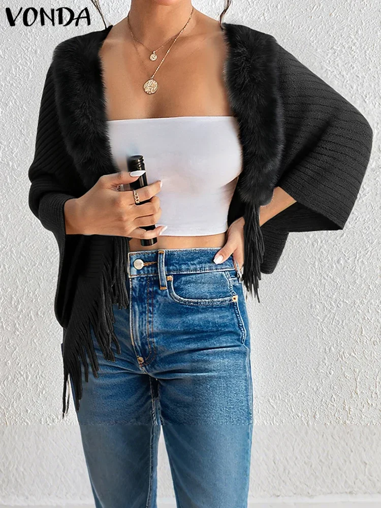 

VONDA Fashion Knitted Sweaters Cardigans Women Fur Collar Tassel Sweater 2025 Autumn Winter Casual Solid Knitwear Outerwear Tops