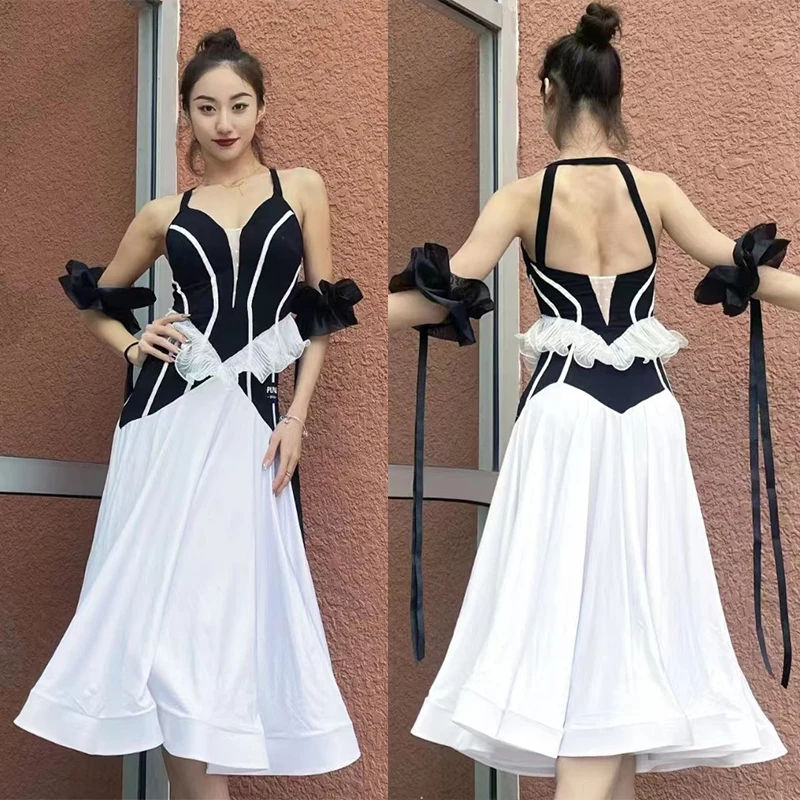 

Ballroom Dance Dress Women Waltz Dance Costume Halter Neck Ruffles Fairy Performance Dancewear Adult Competition Dress SS1258