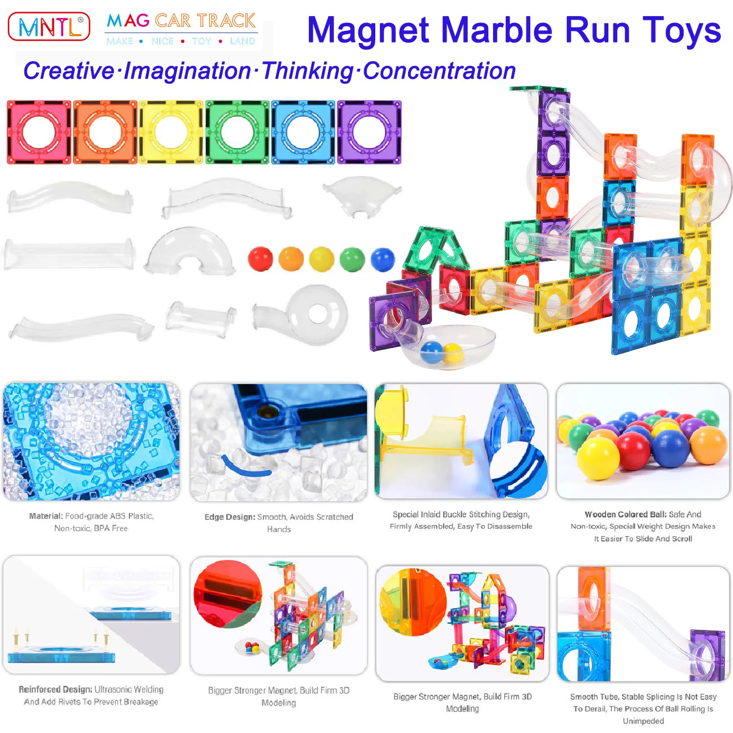 MNTL 100Pcs Marble Run Track Toys Magnetic Tiles STEM Magnet Building Blocks Race Ball Game Kids Boy Girl Children Toddler Gifts