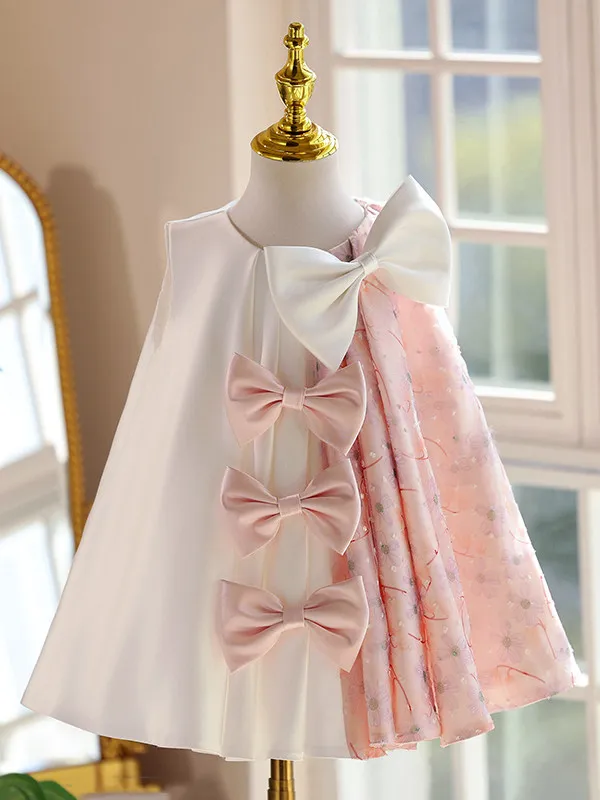 Custom Spliced Design Multiple Bows Satin Printed Tulle Flower Girl Dress Wedding Gown First Christmas Kids Party Outfit
