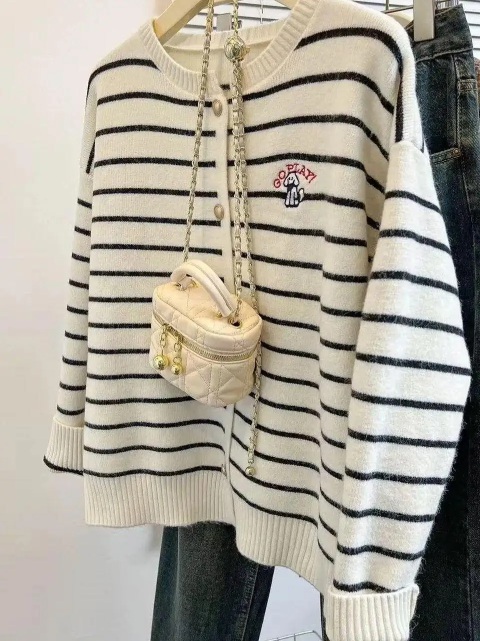 Retro Lazy Striped Color Block Women's Knitted Sweater Spring Autumn round Neck Loose Outerwear Cardigan Soft Warm Long Sleeve