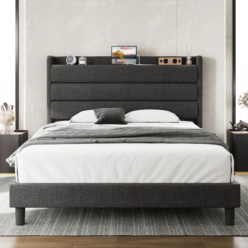 Queen Size Bed Frame, Storage Headboard with Outlets, Sturdy and Stable, No Noise, No Box Springs Needed, Dark Gray