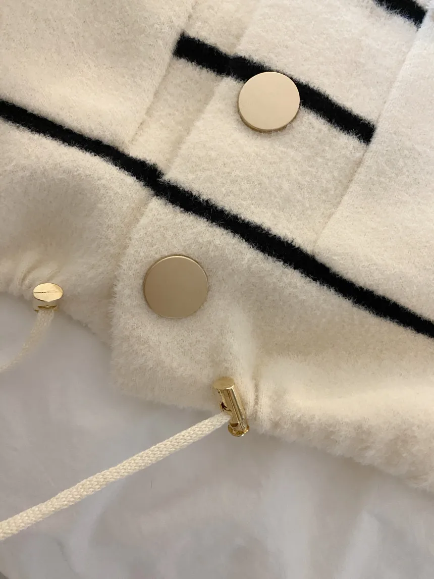 Loose Women's Knitted Cardigan Coat with Big Pockets Striped Splicing Drawstring Hem Single Buttoned Open Front Sweater