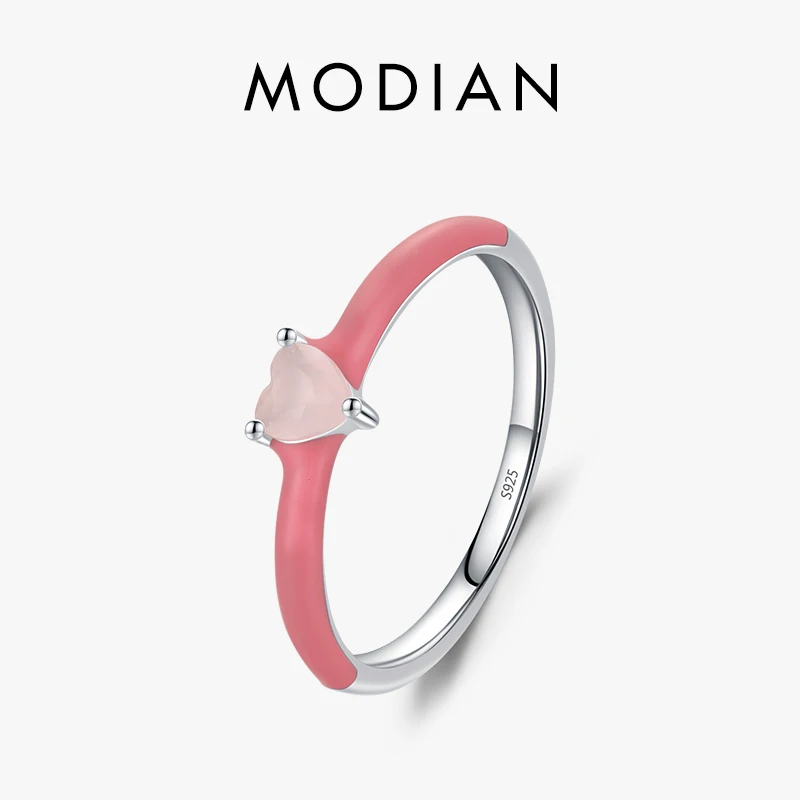 Modian 925 Sterling Silver New Design Pink Enamel Ring Trendy Heart Opal Stackable Jewelry For Women Party Fine Jewelry Gift