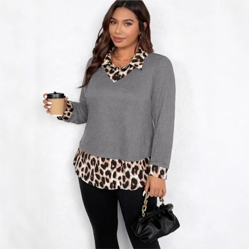 

Autumn Winter New Casual Versatile Women's Shirts T-shirts Fashionable Leopard Print Stitching Lapels Long-sleeved Loose Tops