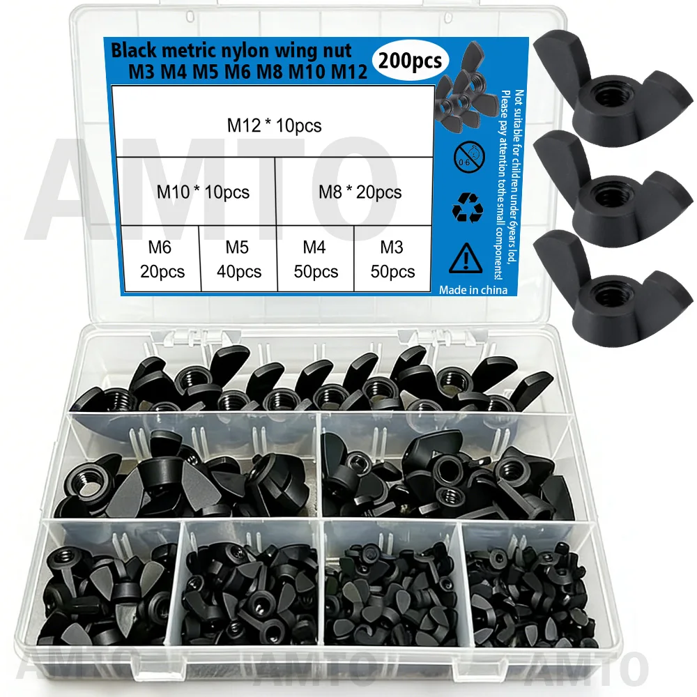 M3 M4 M5 M6 M8 M10 M12-200-Piece Black Nylon Wing Nuts Sorting Set;