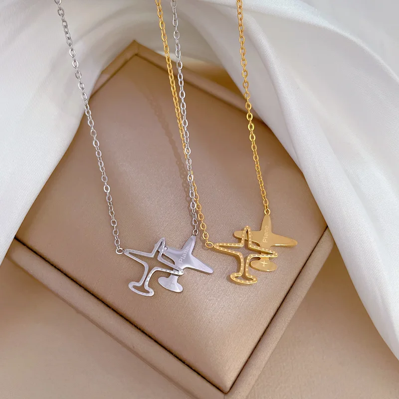 OIMG 316L Stainless Steel Gold Color Creative Personality Airplane Shaped Pendant Necklace For Women Girls Clavicle Chain Party