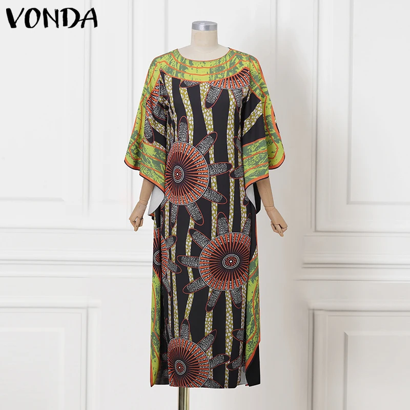 Plus Size 5XL VONDA 2026 Bohemian Long Dress Women Autumn Printed Maxi Sundress Flare Sleeve Ruffled Loose Casual Party Vestidos