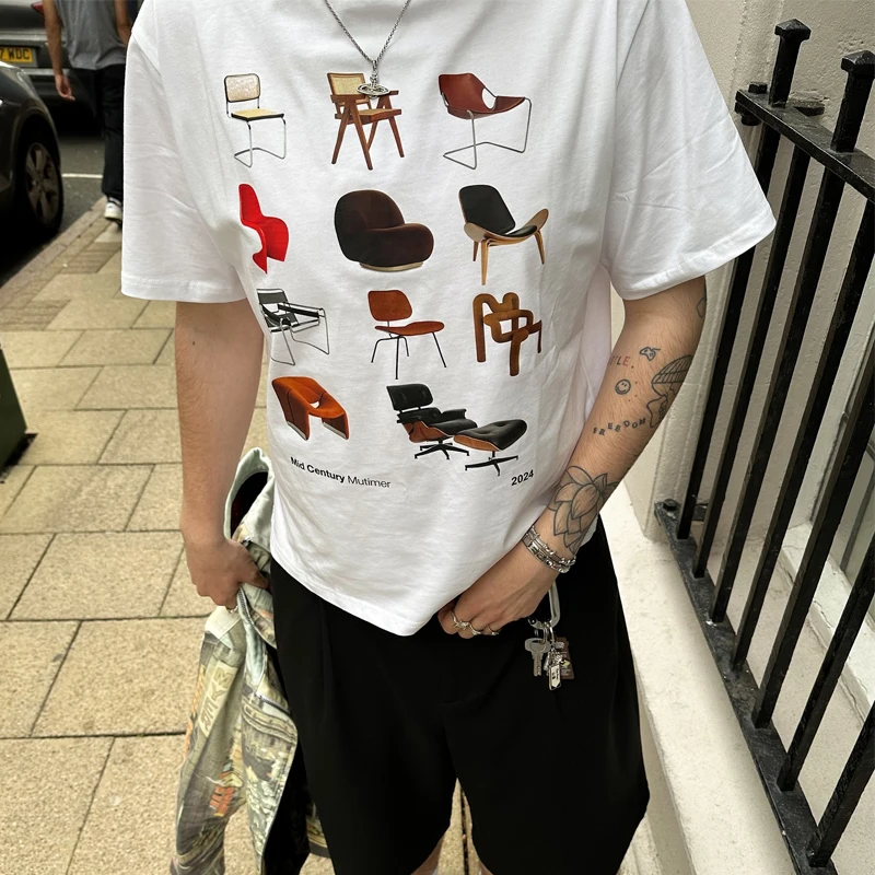 American Vintage Chair Print Cotton Short-sleeved T-shirt Women High Street Casual Loose Retro Oversized T-shir Woman Clothing