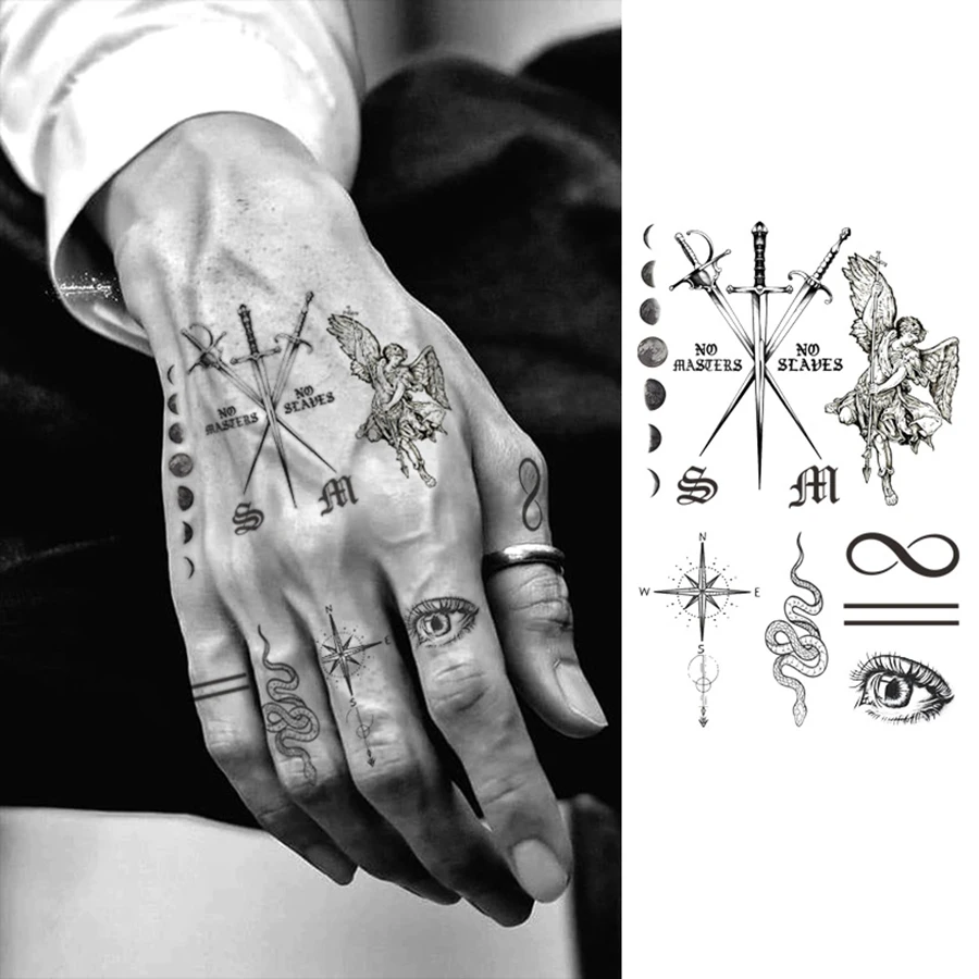 Assorted pattern herbal hand tattoo stickers bat letter venomous snake sun polar star sword eyes vintage style temporary tattoo gift