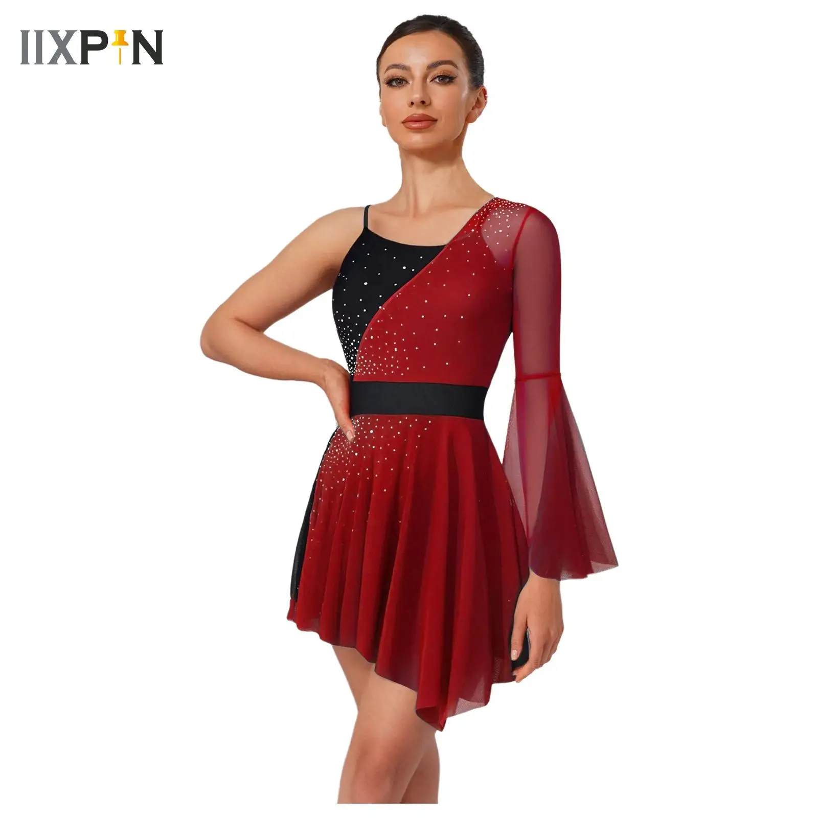 

Women Ballet Dress Adults Figure Skating Lyrical Dance Gymnastics Acrobatics Leotard Tutu Shiny Rhinestone Sheer Mesh Dress