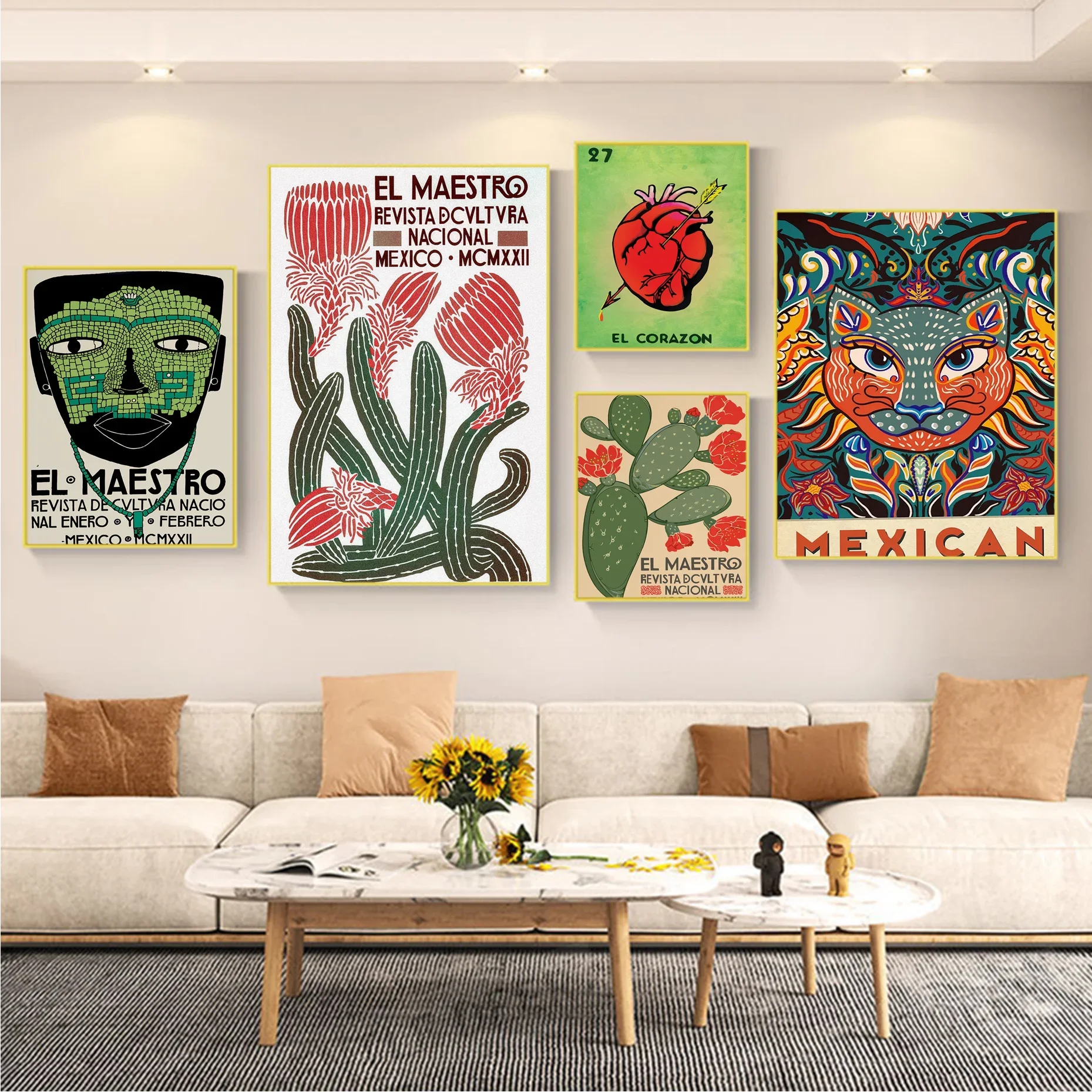 Mexican Vintage Abstract Floral Character Face Wall Art, HD Canvas Print Poster, Home, Living Room, Office, Decoration
