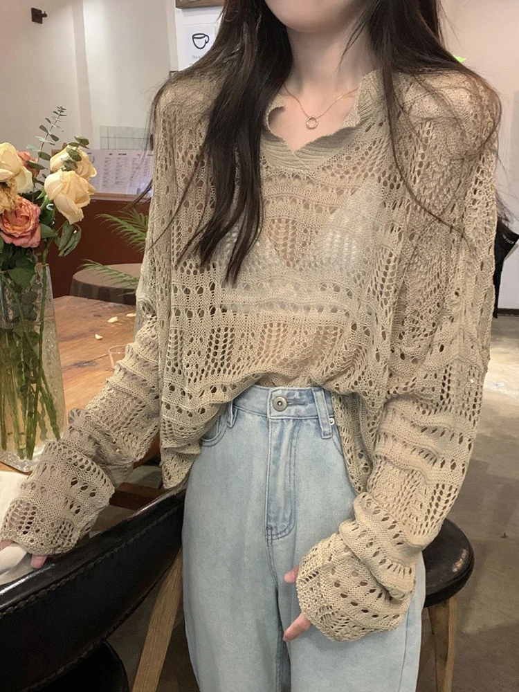 spring Summer Hollow Out Knitwear y2k Tops Female Thin Mesh Knitted Sweater Women Pullovers Solid Color Casual Sweater